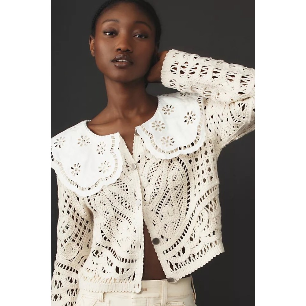 Dolan Left Coast Collection Lace Collar Crochet Jacket Cream White Size M